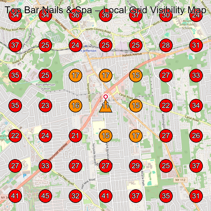 Top Bar Nails & Spa GeoGrid visibility map for Nail Salon in Port Jefferson Station